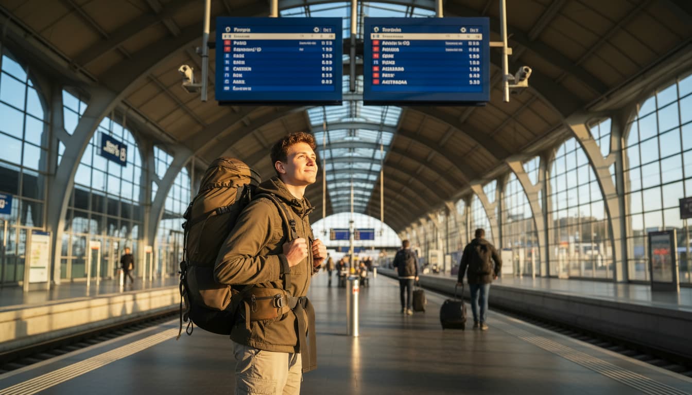 Voyageur débutant profitant d'un lever de soleil sur une destination européenne